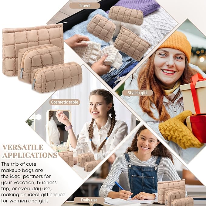 3 Pcs Puffy Makeup Bag Quilted Cosmetic Pouch for Women Cute Checkered Travel Toiletry Bag Puffer Makeup Organizer Purse Pouch Preppy Pencil Case with Zipper