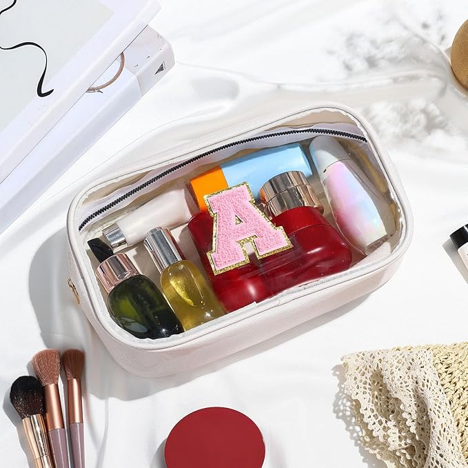 YOOLIFE Initial Make Up Bag Travel Toiletry Bag, Clear Makeup Bag Preppy Cosmetic Bag Gifts for Women Teen Girlfriend Teacher 16 Year Old Girl Gifts Daughter Gifts Swim Gifts For Girls White K
