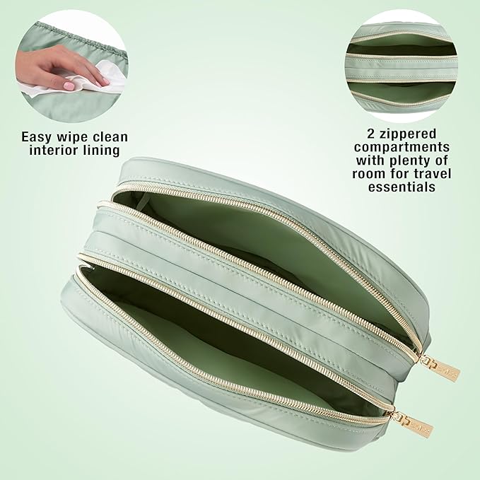 Conair Double-Zip Toiletry Travel Bag, Travel Makeup Bag Organizer, 2 Zippered Compartments, Easy to Clean, 1 Count, Sage Green