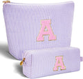 Makeup Bag Set Initials Cosmetic Bag,Birthday Graduation Gifts for 10 11 12 13 14 15 16 17 18 Years Old Girl Girlfriend Teen Girls Gift Trendy Stuff Toiletry Bag Travel - Lavender,A