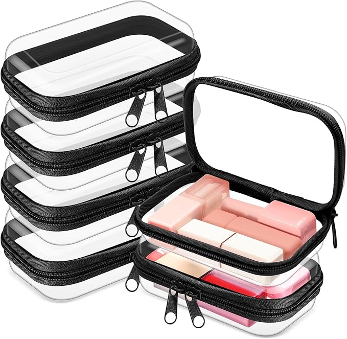 Sanwuta 6 Pcs Clear Hard Zipper Case Hard Plastic Zipper Pouches Makeup Bag Pencil Pouches Transparent Cases for Snacks Plastic Storage Organizer Box for Travel(Black,5 x 3 x 2 Inch)