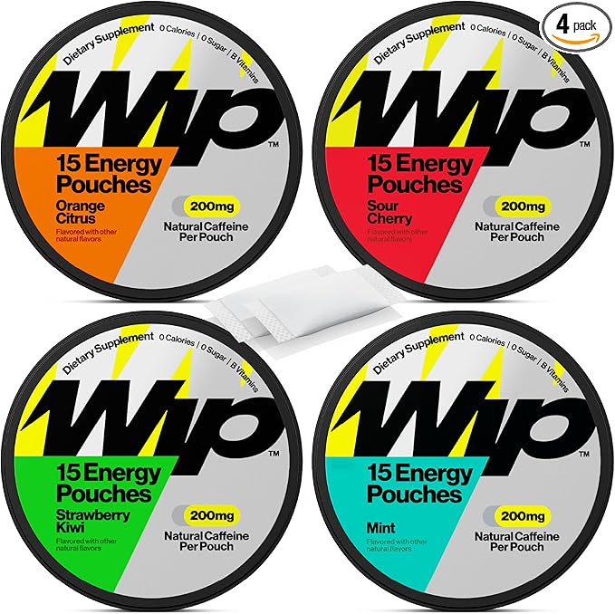 Wip Energy Pouches | 200mg Natural Caffeine | Vitamins and Minerals | 4 Pack Assorted: Sour Cherry, Mint, Orange Citrus, Strawberry Kiwi