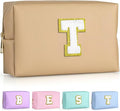 TOPEAST Preppy Stuff for Girls, Initial Makeup Bag Chenille Letter Pouch Cosmetic Bag with Zipper, PU Leather Waterproof Toiletry Bag, Cute Stuff Birthday Gift for Friends Sister (Khaki T)