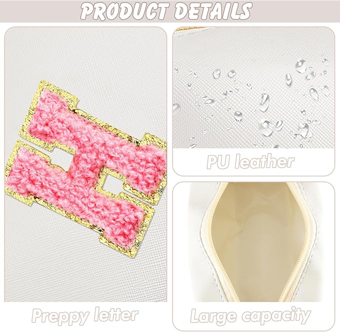 Initial Makeup Bag Personalized Preppy Travel Small Cosmetic Bag Cute PU White Chenille Letter Makeup Pouch for Purse Waterproof Zippered Toiletry Organizer for Women Girls Kids Friends (H)