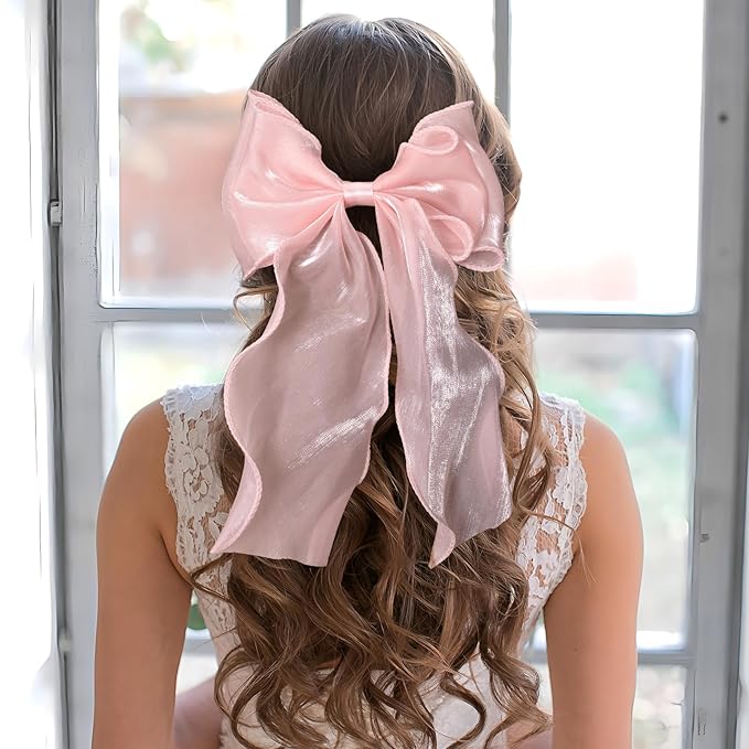 2Pcs Large Hair Bow Clips, Pink Silk Lace Ribbon Bow for Women, Elegant Long Tail Bowknot French Hair Styling Barrette for Wedding, Parties, Daily Use