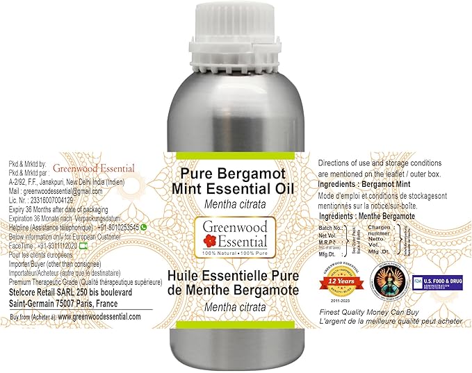 Greenwood Essential Pure Bergamot Mint Essential Oil (Mentha citrata) Steam Distilled 630ml (21.3 oz)