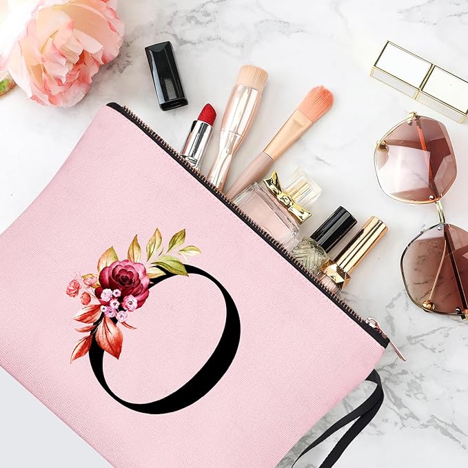 Vavabox A-Z Personalized Makeup Bag, Birthday Gifts for Women Mom, Gifts for Best Friend, Bride Bridesmaid Cosmetic bag (O, Pink)