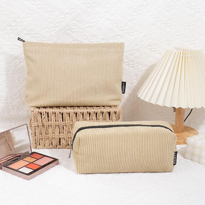 MAGEFY Small Makeup Bag, 2 PCS Corduroy Make up Bag for Purse Large Capacity Travel Cosmetic Bag for Women Zipper Makeup Pouch for Travelling Preppy Stuff - Beige
