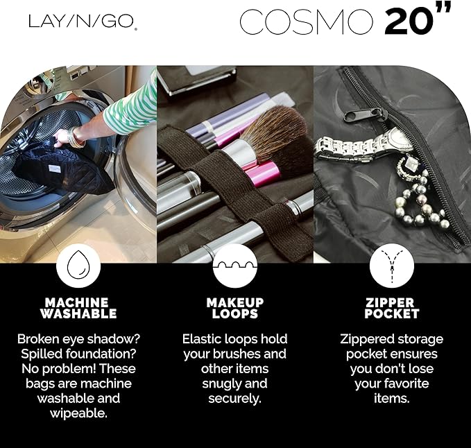 Lay-n-Go Cosmo Drawstring Cosmetic & Makeup Bag Organizer - Portable Drawstring Makeup Bag w/Zipper Pocket, Makeup Loops & More - Durable, Machine Washable Toiletry Bag (20", Comfort/White)