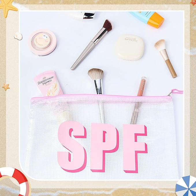 SOIDRAM 2PCS SPF Makeup Bag Clear Zippered SPF Bag Cosmetic Pouch Waterproof Travel Toiletry Organizer for Women Varsity Letter Patch Beach Pool Essentials