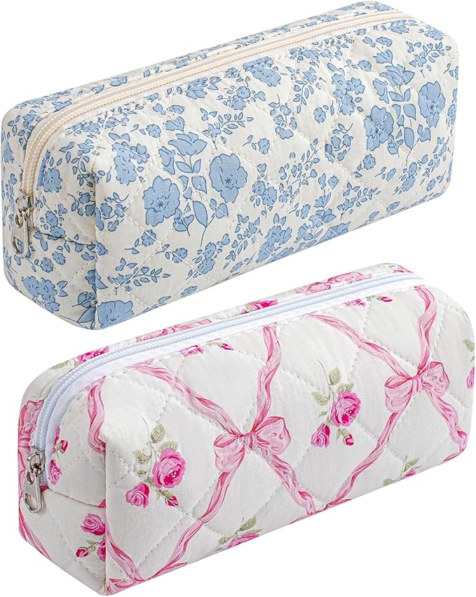 Cute Floral Cotton Makeup Brush Cosmetic Bag for Women, Travel Quilted Zipper Make Up Bag, Flowers Toiletry Organizer Case Kawaii Makeup Cosmetic Travel Cloth Pouch (Blue+Pink Bowknot)
