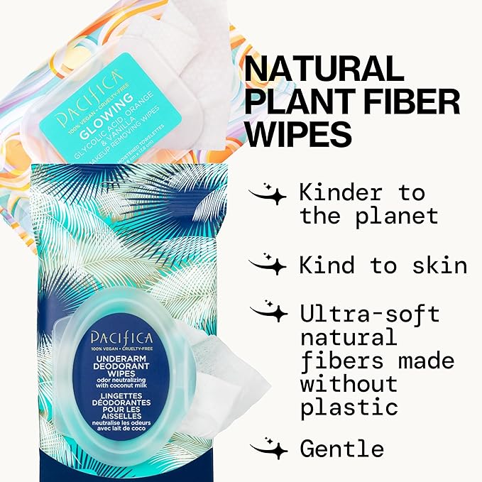 Pacifica Underarm Deodorant Wipes & Makeup Remover Face Wipes Bundle – Aluminum-Free Odor Control & Facial Cleansing Towelettes, 2-Pack (30ct Each, 60 Total) – Vegan, Cruelty-Free Travel Essentials