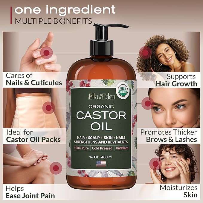 Ella & Eden Castor Oil Organic – Cold Pressed Hexane-Free Unrefined Glass Bottle - For Hair Growth, Face, Skin - USDA Certified 100% Pure – 16 Oz