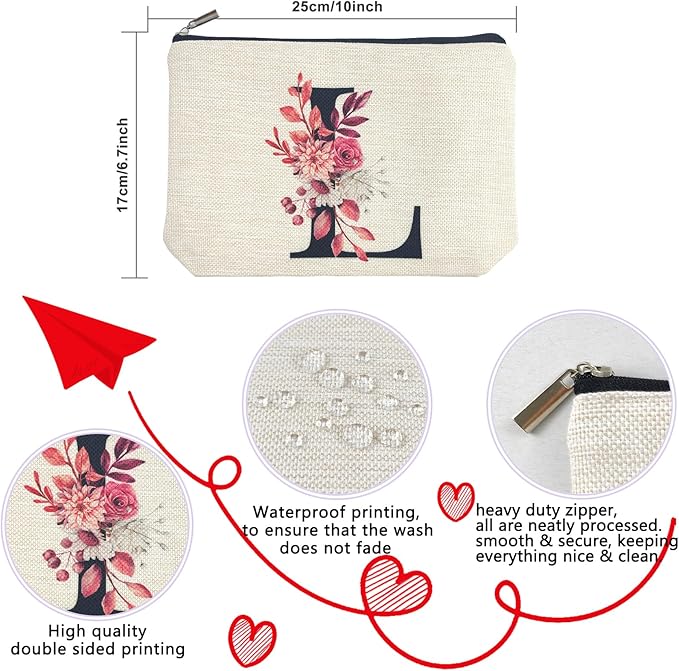 Initial A-Z Personalized Floral Makeup Bag, Monogrammed Birthday Gifts for Women Mom, Mothers Day Christmas Gift Ideas for Best Friend, Bride Bridesmaid, Her, Grandma, Small Travel Cosmetic Bag (L)