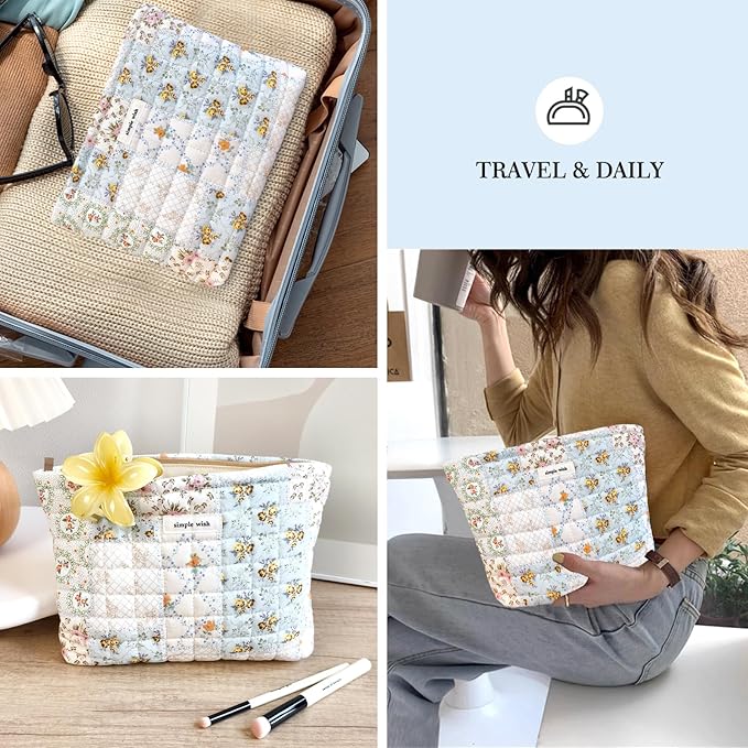 STARDW Cute Cotton Quilted Makeup Bag Cosmetic Bags for Women and Girls,Travel Toiletry Bag Floral Makeup Zipper Pouch, Purse Organizer Pouches,Canvas Lining (Cotton Floral)