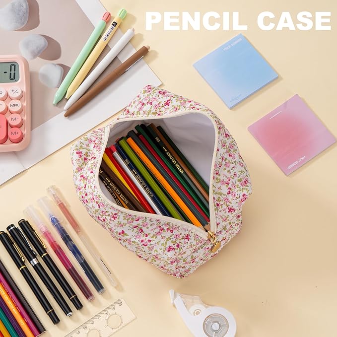 Makeup Bag Travel Toiletry Bag for Women, Small Cosmetic Bags Cute Quilted Cotton Makeup Pouch for Purse Emergency Bag for School Floral Pencil Case Accessory Bag, Spring