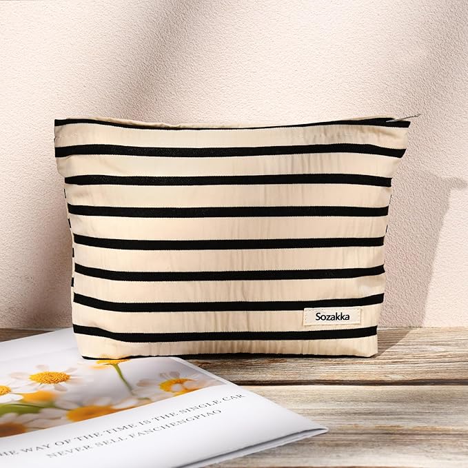 SOIDRAM 2 Pieces Makeup Bag Large Stripe Cosmetic Bag Capacity Canvas Travel Toiletry Bag Organizer Cute Makeup Brushes Aesthetic Accessories Storage Bag for Women, Stripe L Black White