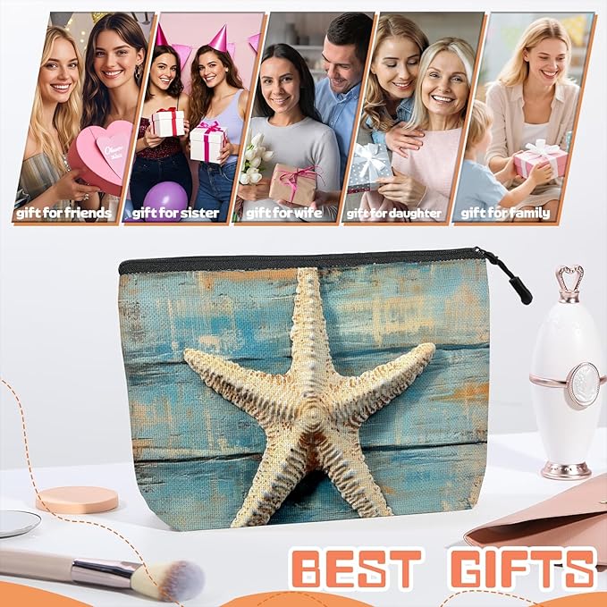 Cosmetic Bags Travel Makeup Toilet Case Waterproof Pouch for Women Girls 6.7X9.45inches - Starfish on A Weathered Blue Wooden Board