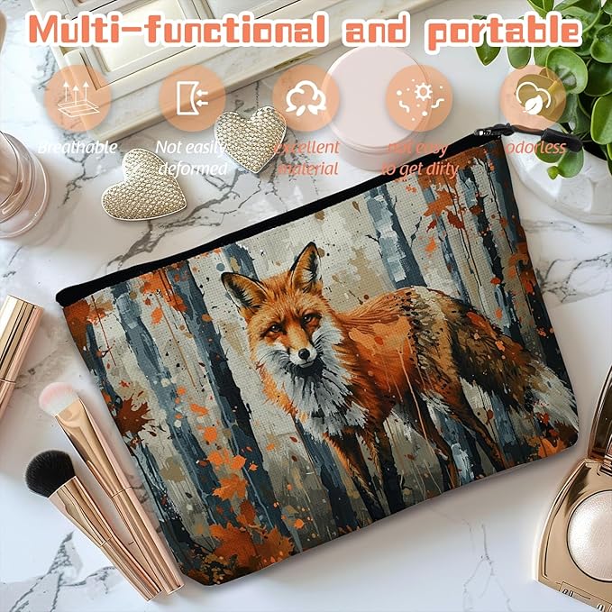 Cosmetic Bags Travel Makeup Toilet Case Waterproof Pouch for Women Girls 6.7X9.45inches - Red Fox Gazing Intently in An Autumn Wilderness