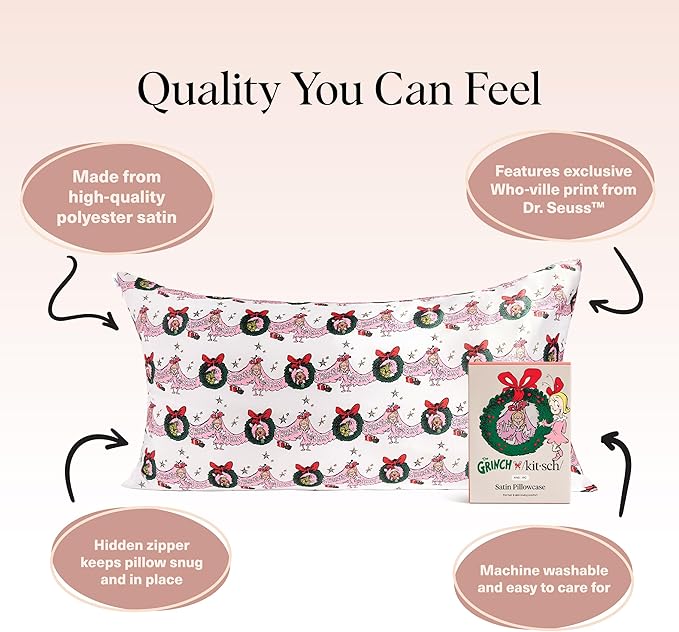 The Grinch x Kitsch Satin Pillowcase with Zipper for Hair & Skin - Softer Than Silk Pillow Cases, Smooth Cooling Pillow Cover, Wrinkle-Free, Machine Washable, King Size (19x36)- Cindy Lou