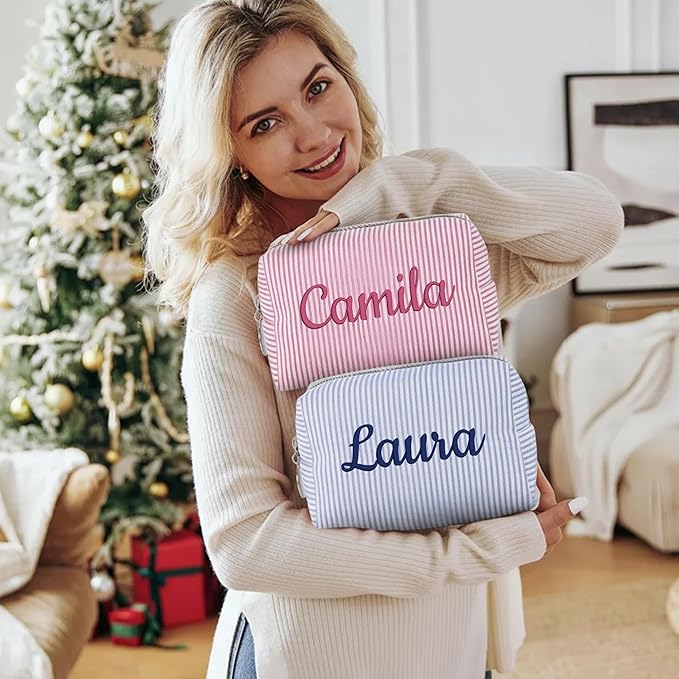 Personalized Seersucker Makeup Bag with Embroidered Name&Birth Flower,Custom Small Travel Cosmetic Bag Toiletry Bag Wedding Gifts for Bridesmaid Bride (Makeup Bag with Name)
