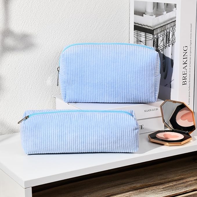 SOIDRAM Corduroy Cosmetic Bag - Cute Blue Makeup Pouch, Large Capacity, Travel Toiletry Bag Organizer with 1Pcs Makeup Brushes Storage