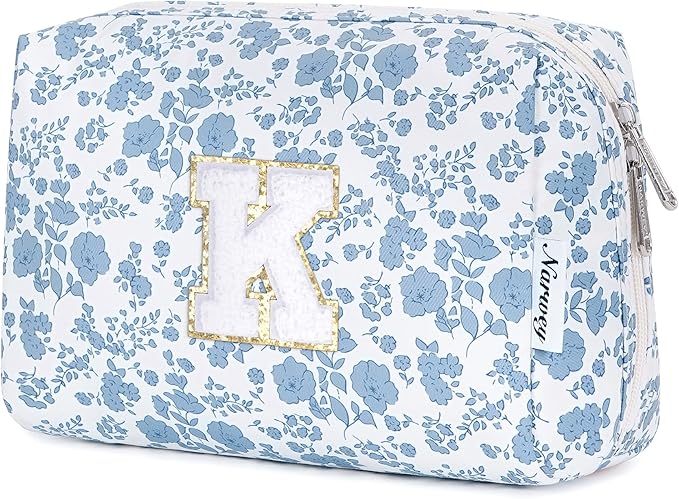 Narwey Birthday Gifts for Teen Girls Kids Women Personalized Initial Floral Makeup Bag Cute Cosmetic Trendy Stuff 6 8 10 11 12 13 14 16 18 Years Old Travel Toiletry Bag (Little Blue Flower K)