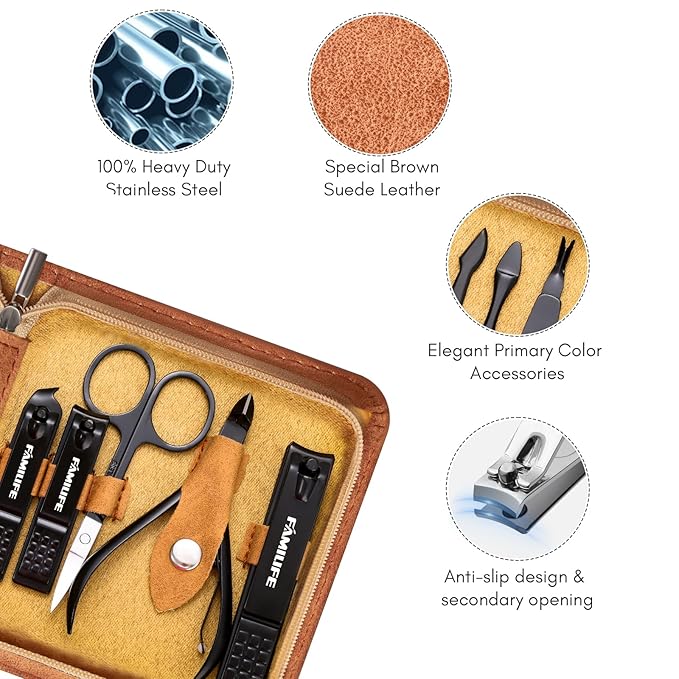 FAMILIFE Manicure Set, Professional Manicure Kit Nail Clipper Set Stainless Steel Pedicure Tools Kit with Leather Travel Case for Women Girl Men (Brown)