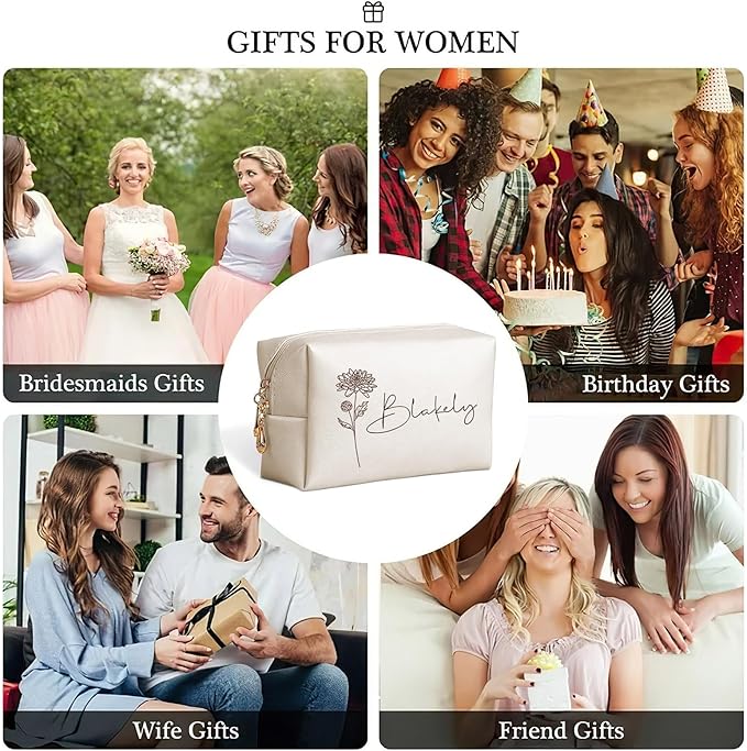 DayOfShe Personalized Name Makeup Bag for Bridesmaid Gifts Bridal Shower Wedding Gifts Custom Toiletry Bag Cosmetic Bag for Best Friend Birthday Gifts