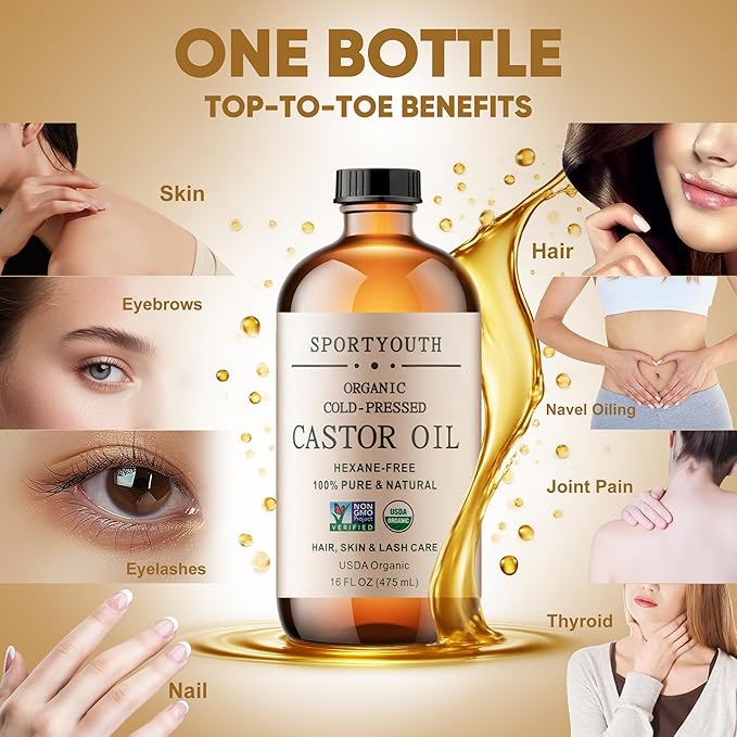 SPORTYOUTH Castor Oil Organic Cold Pressed Hexane Free USDA Certified 100% Pure Unrefined Glass Bottle 16 oz Carrier Oil for Hair Growth, Scalp, Castor Oil Pack, Eyelashes, Brows, Skin, Face, Body