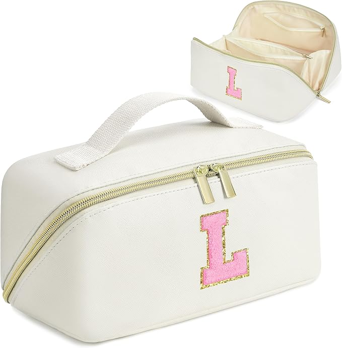 for Christmas Day Gifts, Makeup Bag for Women, PU Leather Travel Toiletry Bags, Initial Make Up Cosmetic Pouch for Teen Girls, Wide Open Portable Skincare Bag, Personalized Birthday Gifts, White L