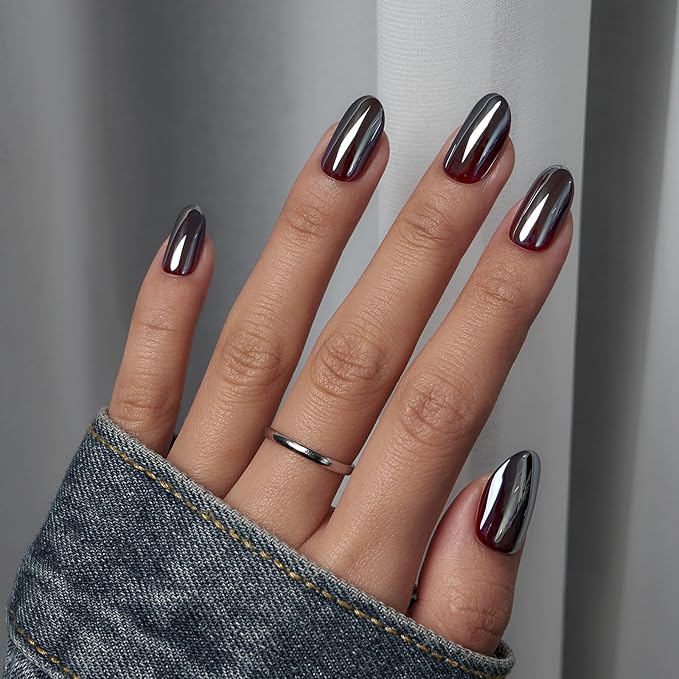 BTArtbox Press On Nails Short - Dark Oval Press On Nail, Chrome Glazed Glue On Nails, Supremely Fit & Glossy Stick On Nails in 16 Sizes - 30 Fake Nails Kit, Magic Mirror