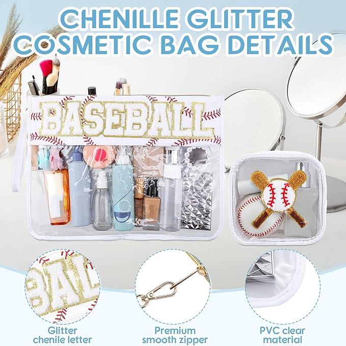 Hillban 2 Pcs Baseball Snack Bags Team Gifts Makeup Cosmetic Bag Clear Chenille Letter Zipper Pouch Toiletry Purse Baseball Accessories Stuff Sport Portable Travel Storage Case for Mom Women Girl
