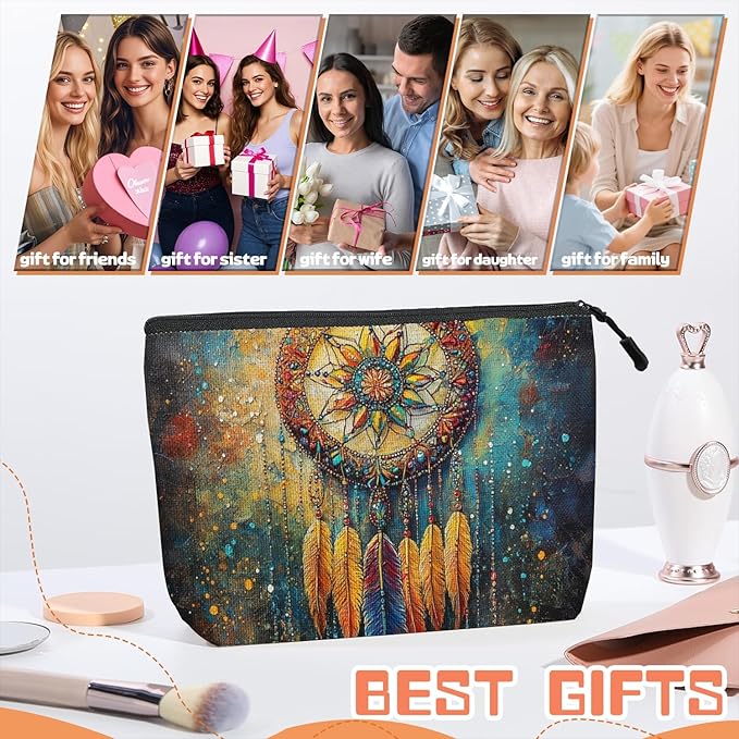 Cosmetic Bags Travel Makeup Toilet Case Waterproof Pouch for Women Girls 6.7X9.45inches - Ornate Dreamcatcher With Colorful Feathers And Beads