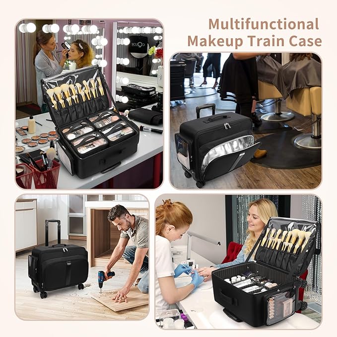 Large Rolling Makeup Case，Professional Makeup Artist Bag with 4 Small Bag Makeup Case, Adjustable Dividers, Portable Travel Supply Station for Cosmetics Storage Organizer Trolley Suitcase Makeup Cart