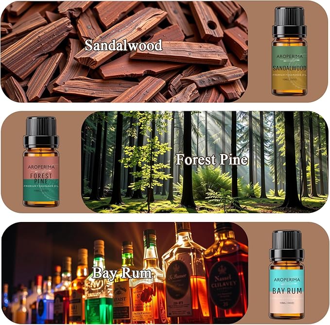 Gentlemen Fragrance Essential Oil Set - Sandalwood, Forest Pine, Bay Rum, Ocean Breeze, Coffee, Amber 6x10ML for Diffusers, Aromatherapy, Massage, Perfume, Soap Making and Candle
