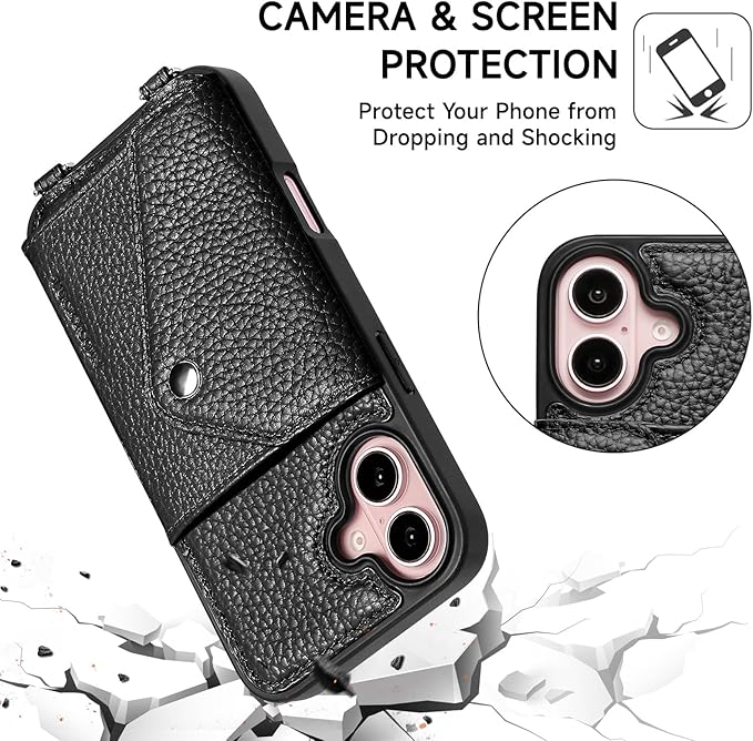 LUCKYCOIN Crossbody Wallet Phone Case for iPhone 16,100% Genuine Leather Wallet Phone Case with Expandable Flip Card Holder,Phone Purse for Women with Adjustable Removable Strap - Pebble Black