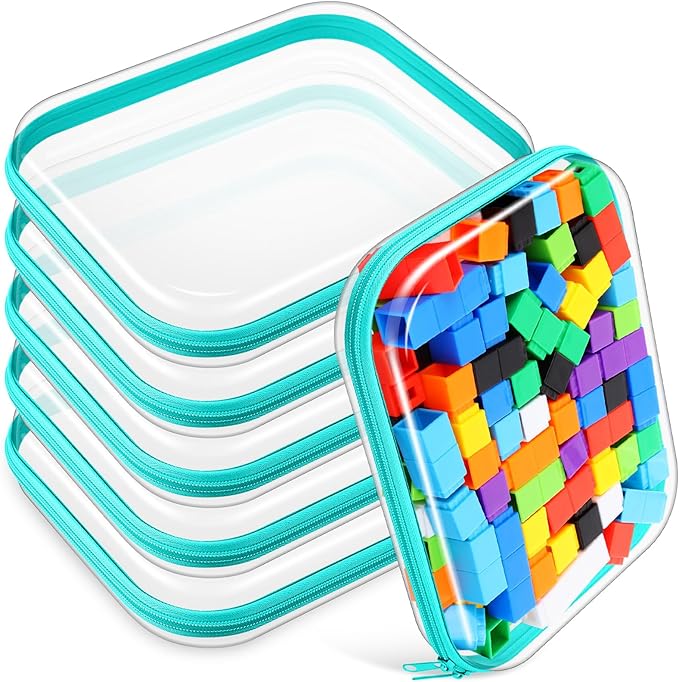 Sanwuta 6 Pcs Clear Hard Zipper Case Hard Plastic Zipper Pouches Makeup Bag Pencil Pouches Transparent Cases for Snacks Plastic Storage Organizer Box for Travel(Teal,9.84 x 7.87 x 2 Inch)