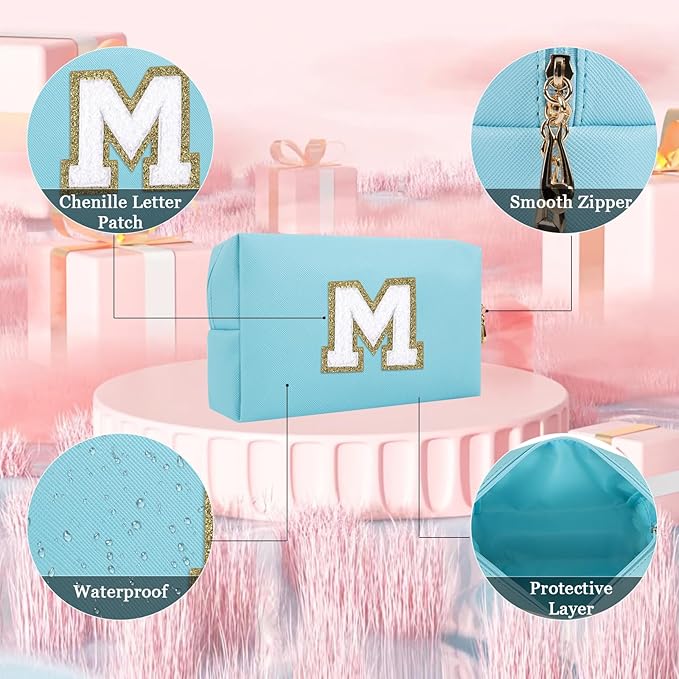 Small Personalized Letter Makeup Bag, Cute PU Leather Chenille Letters Cosmetic Bag Travel Makeup Pouch, Preppy Travel Organizer Zipper Pouch for Women&Girls（Blue-M）