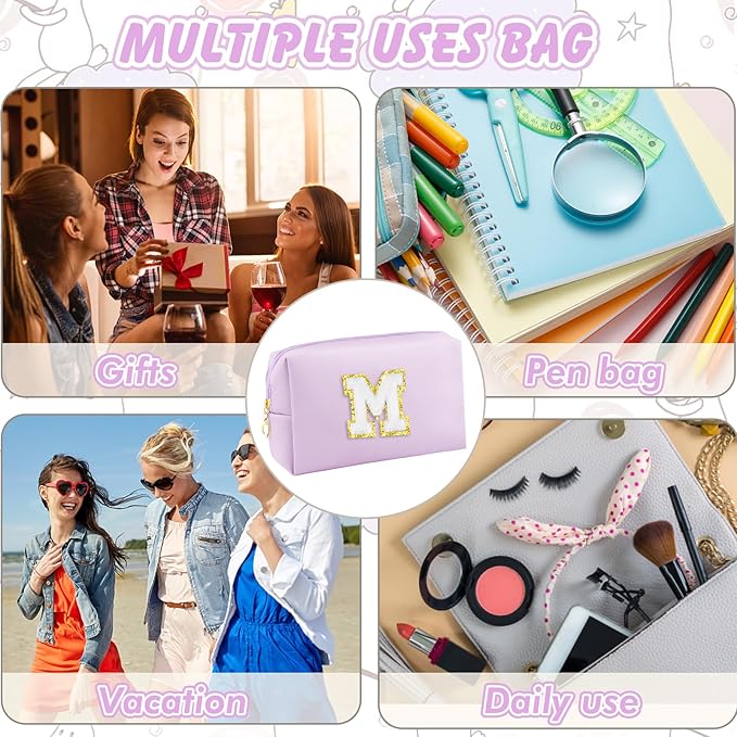 Gifts for Girls Initial Makeup Bag Personalized Cosmetic Bag with Zipper Cute Travel Toiletry Bag Waterproof PU Preppy Makeup Pouch Birthday Gift for Teen Girls Women(Purple M)
