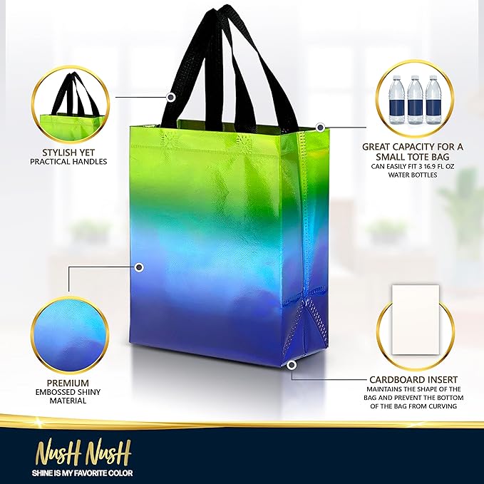 Nush Nush Holographic Gradient Gift Bags Medium Size - Set of 12 Reusable Green & Blue Gift Bags with Handles - Ideal Party Favor Bag for Kids birthday, Christmas, Thanksgiving, Return Gifts - 8x4x10