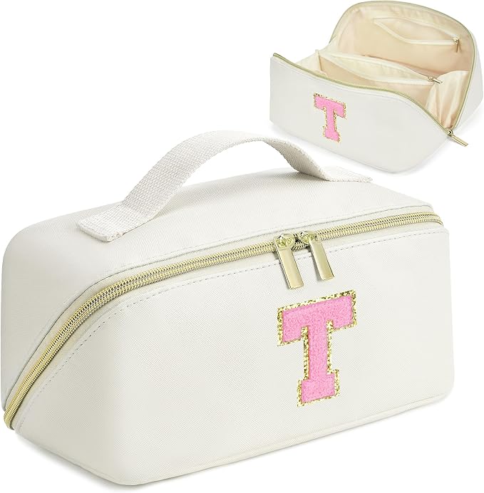 for Christmas Day Gifts, Makeup Bag for Women, PU Leather Travel Toiletry Bags, Initial Make Up Cosmetic Pouch for Teen Girls, Wide Open Portable Skincare Bag, Personalized Birthday Gifts, White T