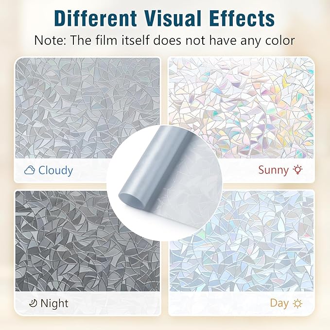 rabbitgoo Window Privacy Film Rainbow Film Decorative Window Sticker, 3D Static Stained Glass Cling Tint for Home Heat Control Non-Adhesive, Grayish Silver, 17.5 x 78.7 inches