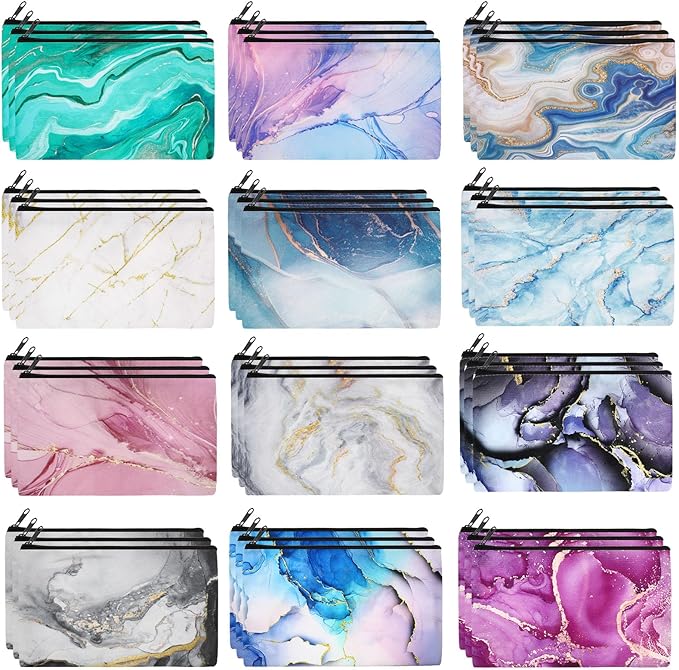 Hillban 36 Pcs Marble Makeup Bags Marble Gifts Cosmetic Bags for Women Travel Toiletry Pouch with Zipper Portable Organizer Pouch for Cosmetics Makeup Brushes, 12 Styles