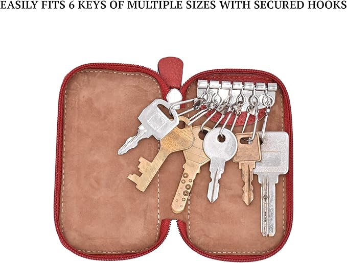 Full Grain Genuine Leather Keychain Holder Pouch with 6 Key Holders Hook