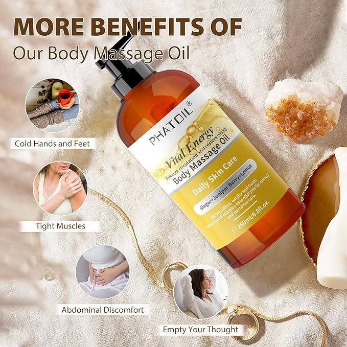 PHATOIL Ginger Oil Ginger Body Massage Oil for Gua Sha, with Lemon,Juniper Berry, 260ML Large Bottle Warming Body Oil for Spa, Lymphatic Drainage, Muscle(8.8oz)