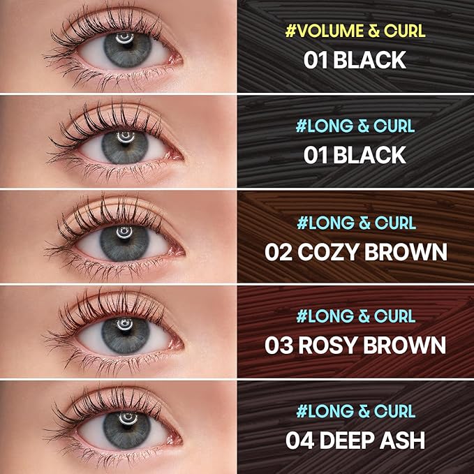 COSNORI Perfect Setting Waterproof Mascara Long&Curl 02 Cozy Brown – Long Lasting Smudge - Brown Mascara - Soft Definition for Blue & Green Eyes - K Beauty - 0.23fl oz (7ml)