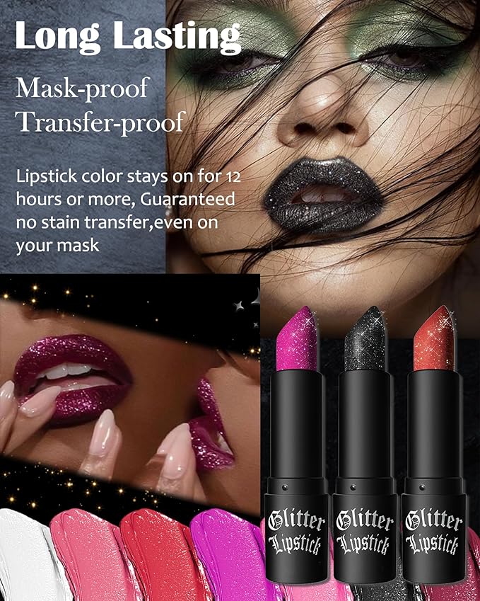White Diamond Glitter Matte Lipstick, Gothic Shiny Lip Gloss, Sparkling High Pigment Longlasting Waterproof Smudgeproof Non-Stick Lipstick, Shimmer Lip Blam for Stage,Cosplay, Party Makeup-01