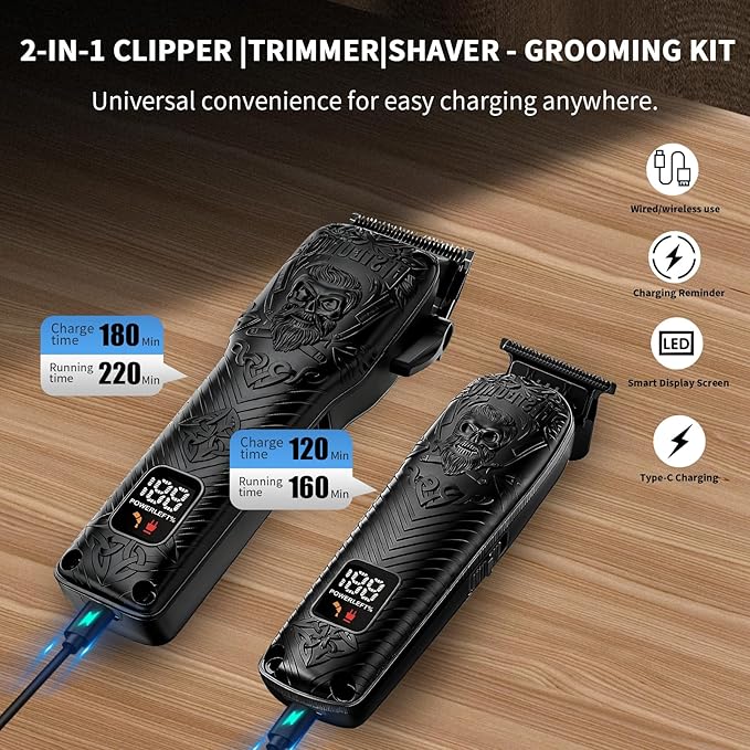 Professional Cordless Mens Hair Clippers & Beard Trimmer Kits & Sets,Metal Hair Clippers Cutting Grooming Kit with Long Battery Life for Family Barber Use (Black)