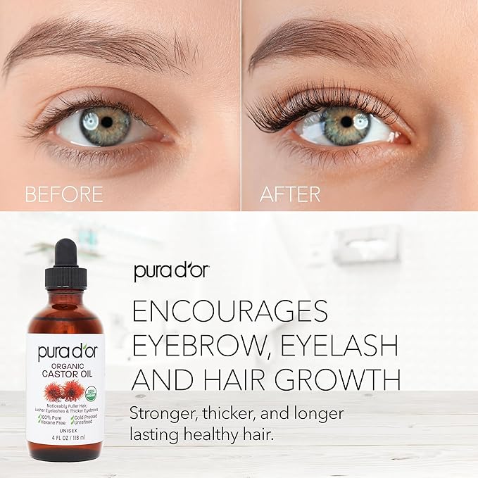 PURA D'OR 4 Oz ORGANIC Castor Oil - w/ 2 BONUS Empty Brushes - 100% Pure USDA Certified Cold Pressed, Hexane Free Eyelash & Eyebrow Serum - For Fuller, Thicker Lashes & Brows - Skin & Hair